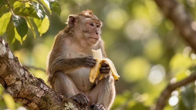 Wild macaque monkey sitting on a tree branch and eating a yellow banana in a tropical forest