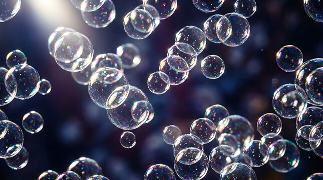 Floating transparent soap bubbles on dark background for festive celebration template.