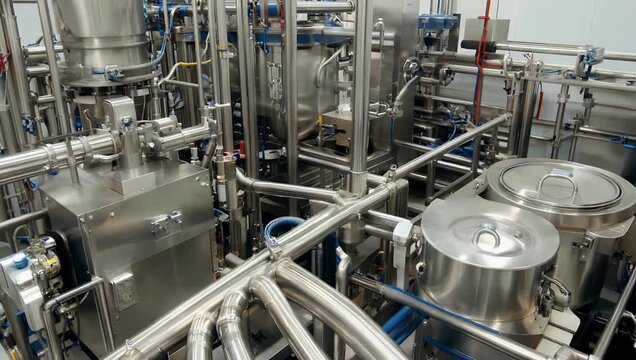 Industrial 4K ultra-high-definition interior view from below inside a modern dairy production facility showing rows of stainless steel tubes and clean metal infrastructure representing advanced