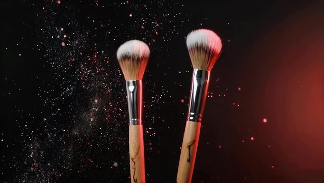 Dramatic 4K ultra-high-definition macro shot of two cosmetic makeup brushes on a black background lit with striking red accent light as fine powder particles float gracefully around them creating a