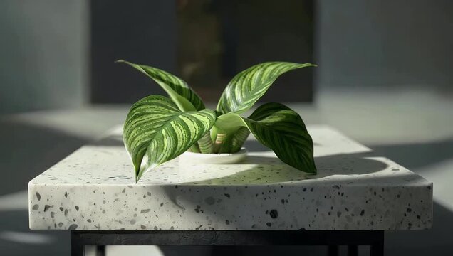 Sophisticated 4K ultra-high-definition looping 3D render showing a terrazzo texture podium surrounded by seamless animated shadows and complemented by a decorative snake plant ideal for high-end