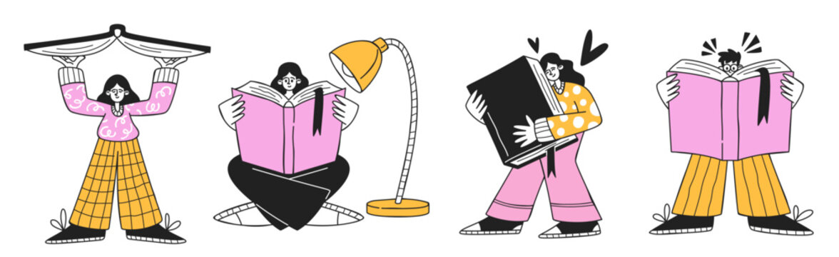 Reader Reading Poses Cartoon