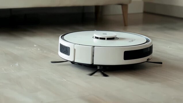 Modern 4K lifestyle footage of a sleek smart robotic vacuum cleaner automatically cleaning a hardwood living room floor illustrating home automation modern IoT appliances and smart household