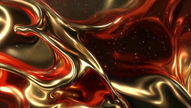 Vibrant abstract 4K ultra-high-definition red and gold gradient background with dynamic fluid textures resembling molten metal or glowing fire enhanced by subtle sparkling particles that add depth
