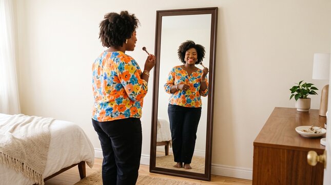 Woman applying makeup in a full length mirror at home