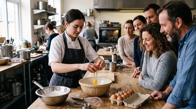 Chef teaches cooking class students how to bake in a kitchen