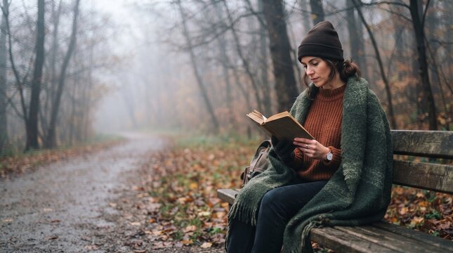 Woman in autumn attire reading a book on a park bench along a misty forest path