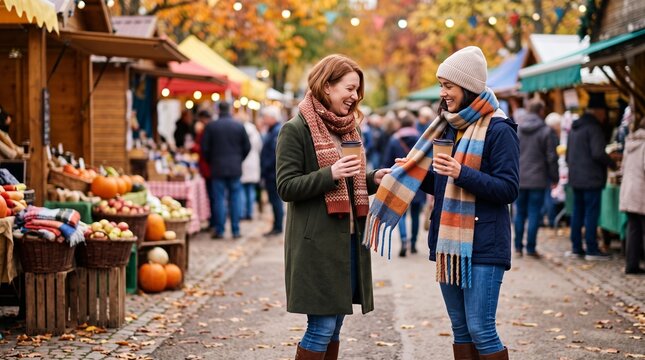 Two women enjoying coffee at an autumn outdoor market with stalls and pumpkins