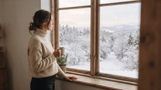 Woman in cozy sweater enjoying warm drink while gazing at snowy mountain landscape through large window