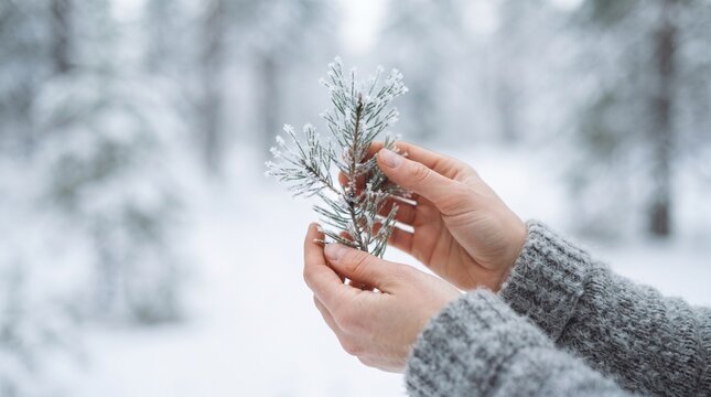 Person wearing gray knit sweater holding frosted pine branch in snowy forest with natural winter lighting