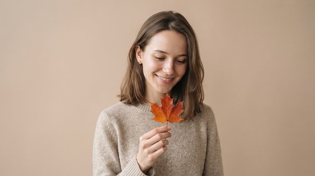 Young professional woman holding autumn leaf while smiling indoors with neutral studio background