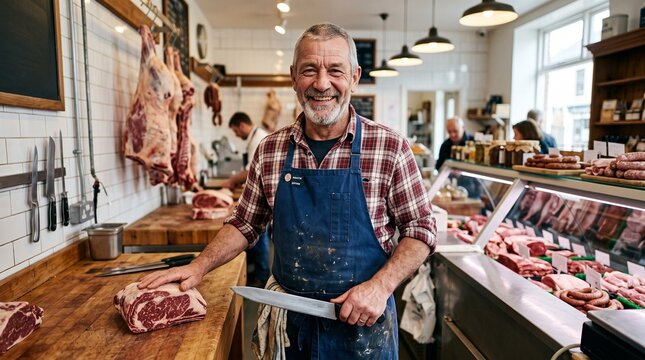 Smiling butcher holding a large knife in a traditional meat shop