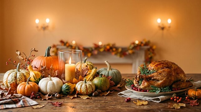 Thanksgiving background decoration from dry leaves,red berries and pumpkin on background. 