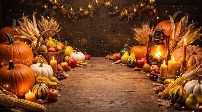 Thanksgiving background decoration from dry leaves,red berries and pumpkin on background.  with copy space 