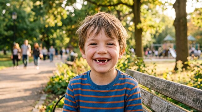 Happy young boy with missing front teeth sitting on a park bench in summer
