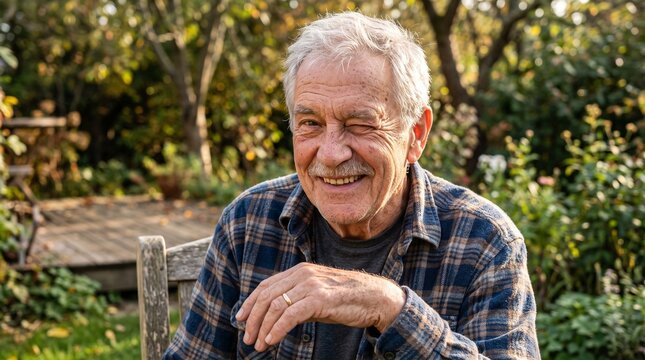 Smiling elderly man with grey hair and mustache winking in a garden setting