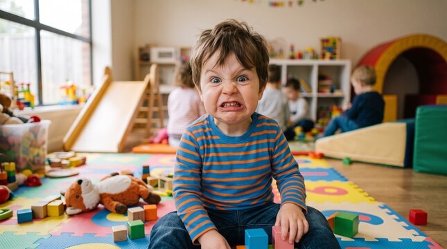 Toddler makes a funny angry face while playing with blocks in a playroom
