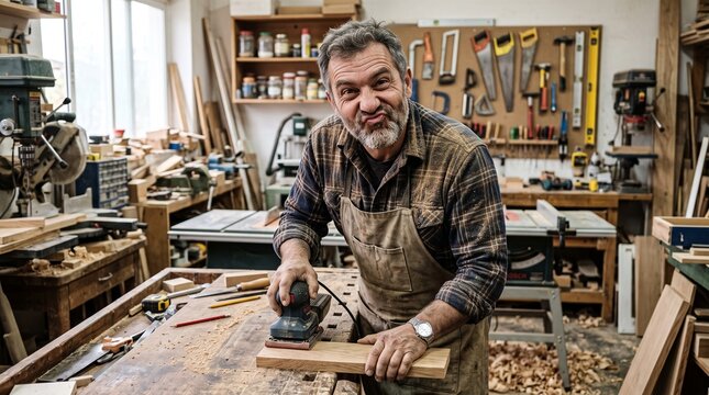 Experienced carpenter with a playful expression working in his dusty workshop