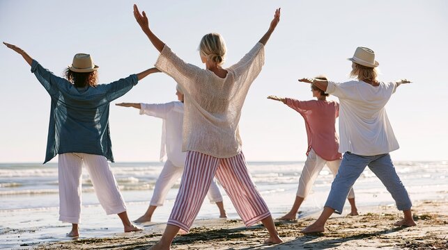Group of older women practicing yoga on the beach at sunset  