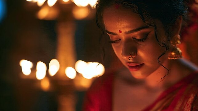 Young woman with jewelry looking down in dim candlelight  