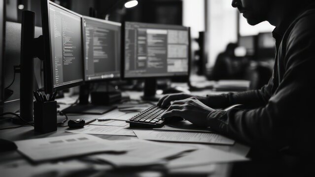Person working at multiple computer screens