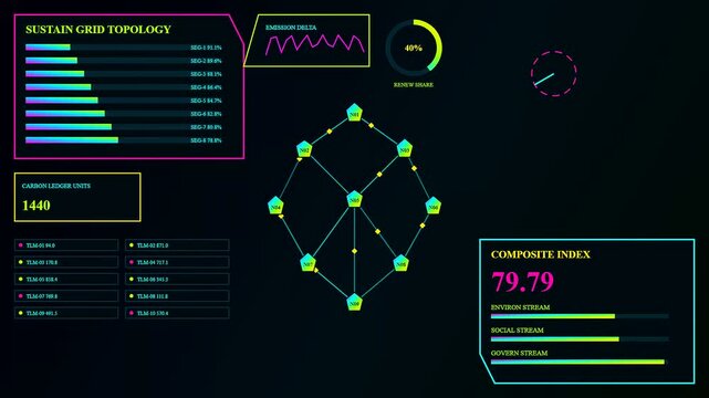 dynamic esg analytics interface showcasing complex network nodes with glowing neon progress bars and data metrics evolving across three digital windows in a modern software simulation environment