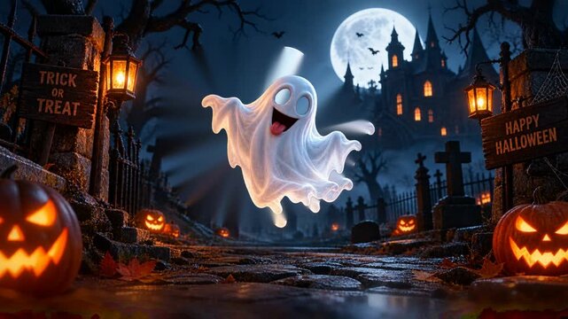 Cinematic Halloween ghost floating above a haunted graveyard with strong deterministic bobbing, sway, tilt and soft squash motion in a seamless loop.