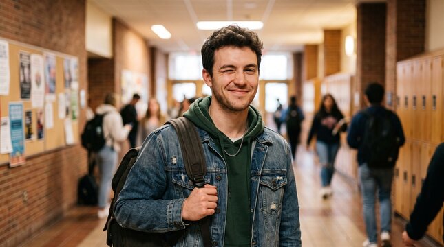 Young man winking in a school hallway with backpack