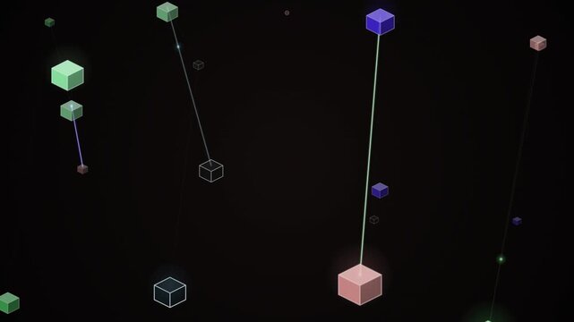 Colorful isometric cubes float above a dark background connected by thin glowing lines.