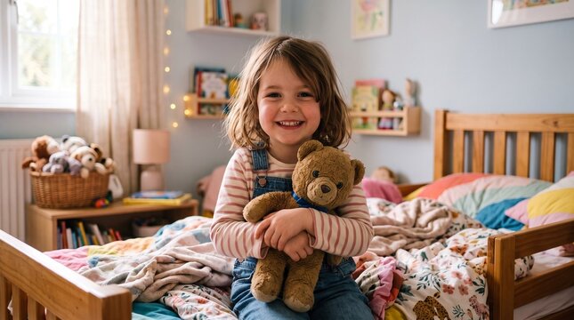 Happy young girl holding a teddy bear in her bedroom