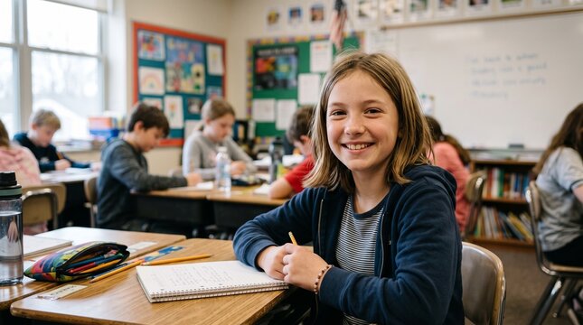 Happy elementary school girl smiling in classroom during lesson