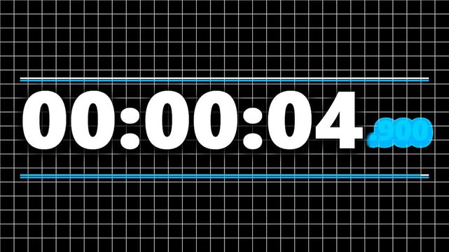 Digital countdown timer counting from five to zero on a black grid background with blue progress bar.