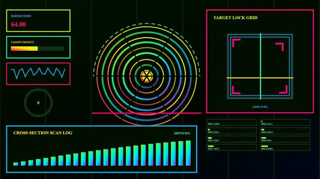 This esg analytics interface features vibrant neon circular radar scans alongside shifting bar graphs and glowing target grids displayed on a dark virtual command console screen