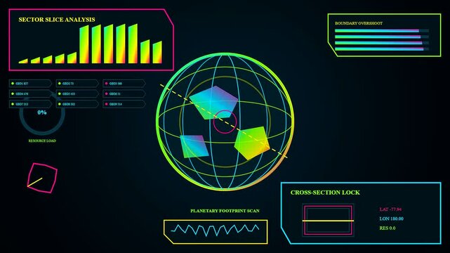 Digital esg analytics display showing a rotating geometric planet map with moving neon bar graphs and glowing circular data interface overlays in a dark void