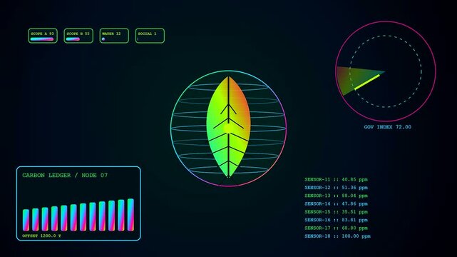 A detailed esg analytics dashboard interface displays circular leaf shaped metrics with fluctuating bar graphs and various sensor readings during a rotating digital data cycle