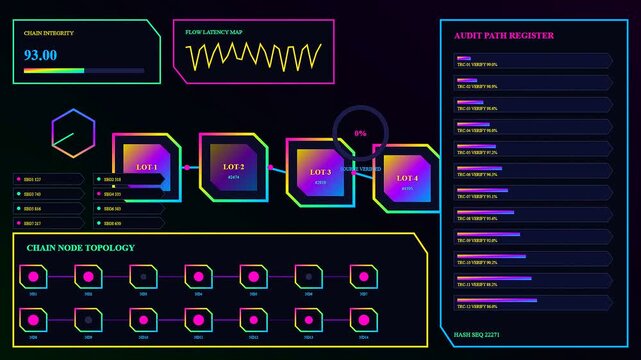 the esg analytics data monitor displays multiple dynamic dashboard panels showing fluctuating graphs and block chain node diagrams in a dark vibrant neon glowing aesthetic interface
