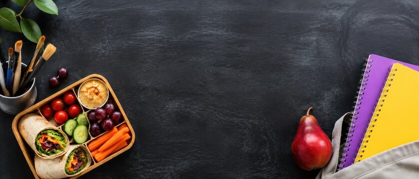 healthy school lunchbox with wraps, vegetables, fruit, notebooks and paint brushes on dark chalkboard with copy space