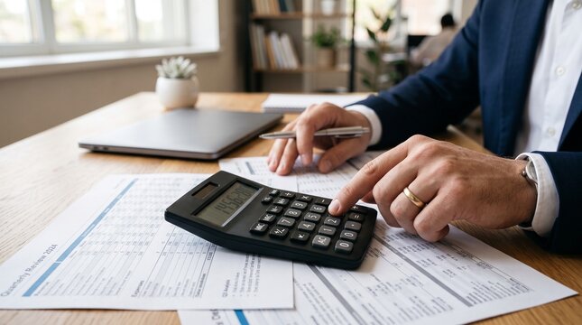 Accountant checking financial report figures with pen beside calculator and laptop for accounting calculation, audit, tax preparation, bookkeeping.
