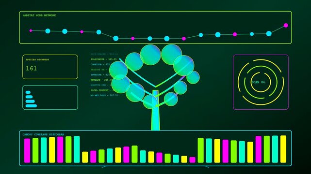 Digital screens displaying esg analytics with tree graphics and data visualizations showing environmental metrics shifting across three unique user interface monitors in a dark studio setting