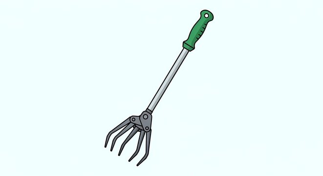 Gardening tool with green handle and metal tines on white background.