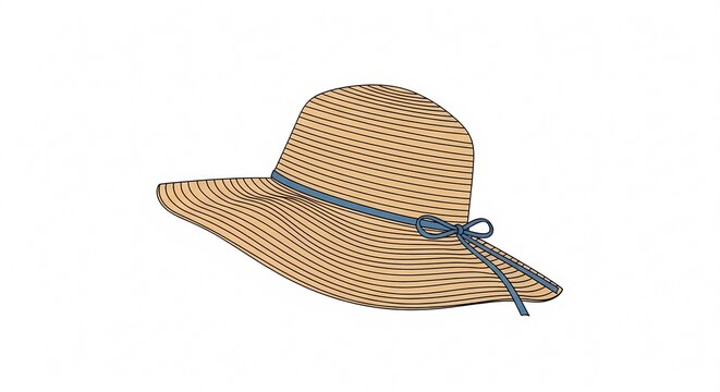 Stylish wide brim straw hat with blue ribbon detail isolated on white background.