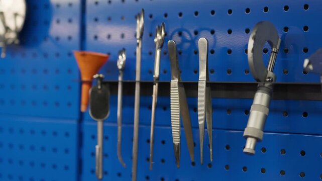 Specialized hand tools hanging on wall in automotive repair workshop