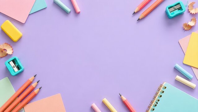 Pastel school supplies including pencils, erasers, sharpeners, chalk and notebooks arranged around a purple background with large central copy space for education and back to school designs