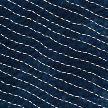 Seamless hand quilted running stitch texture on indigo cotton fabric