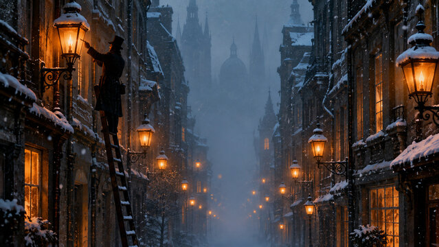 Victorian Lamplighter on Ladder in Snowy City Street &mdash; edf87813