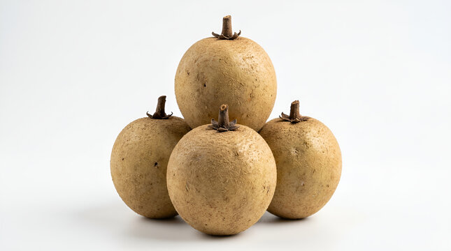 Four ripe round brown sapodilla fruits with rough fuzzy texture stacked pyramid with small dry stem on top, dull skin black spots, sweet tropical fruit, clean white minimalist background