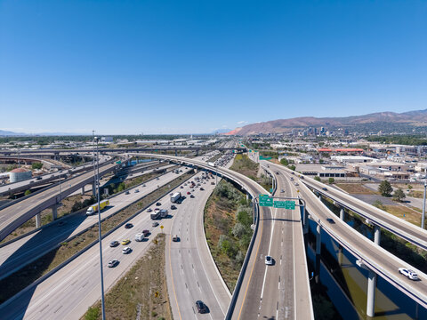 Aerial view of cars on the Spaghetti Bowl interchange in Utah