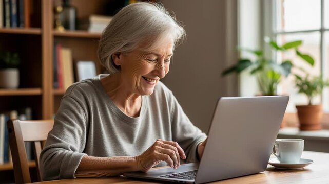 Senior woman using a laptop computer with a smile at home. She is sitting at a table with a coffee cup and a bookshelf in the background.
