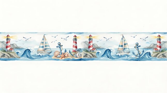 Watercolor nautical border with lighthouses, sailboats, and anchors on white background