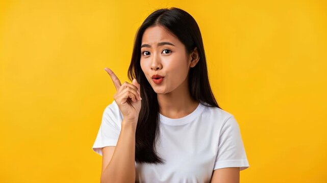 Curiosity Sparked: A young Asian woman with a vibrant yellow background points her finger upwards, her expression conveying curiosity and a moment of realization.